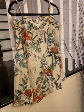 entro Cream Floral Striped Spaghetti Strap Blouse with Teal and Rust Accents